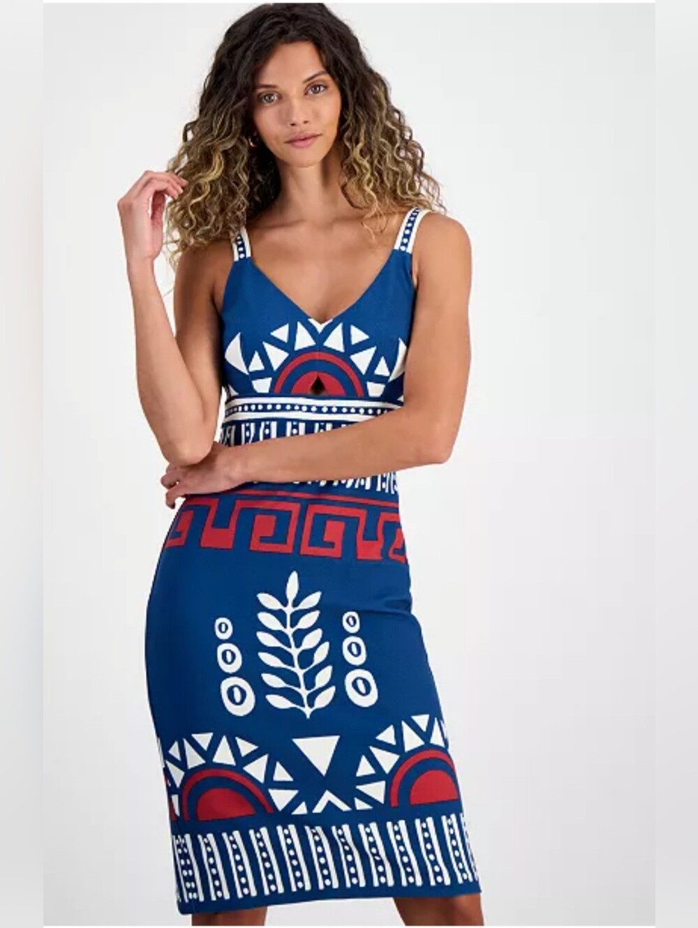 Blue Geometric Print Sleeveless Sheath Dress